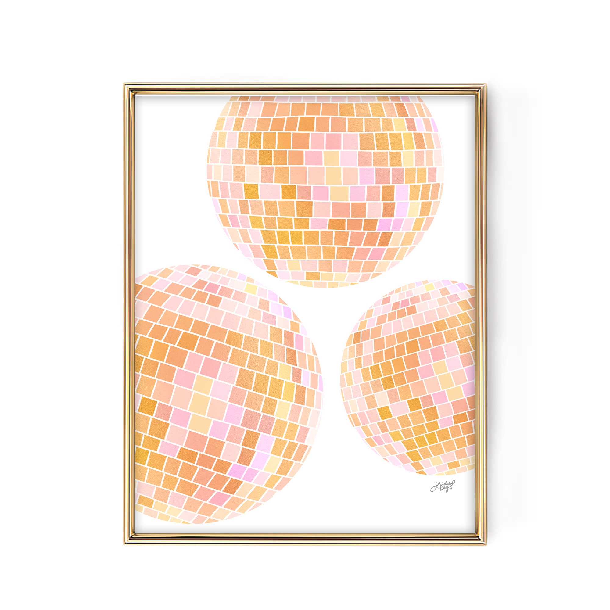 Hand-illustrated yellow disco balls art print by Lindsey Kay Collective – retro colorful wall art – perfect for dorm rooms, bar carts, or gallery walls – printed on enhanced matte paper with vibrant inks – available in 10 sizes